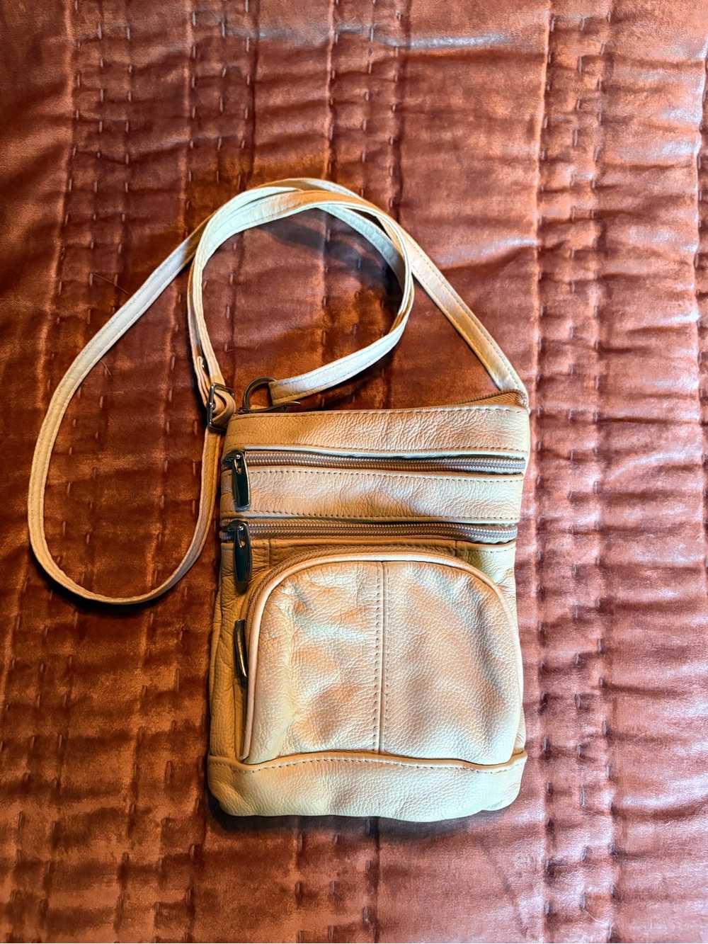 Light Tan Crossbody Bag with Front Zip Pocket